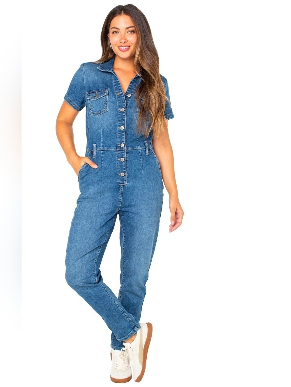Celebrity Pink Short-Sleeve Blue Denim Jumpsuit 3x Cropped Contemporary